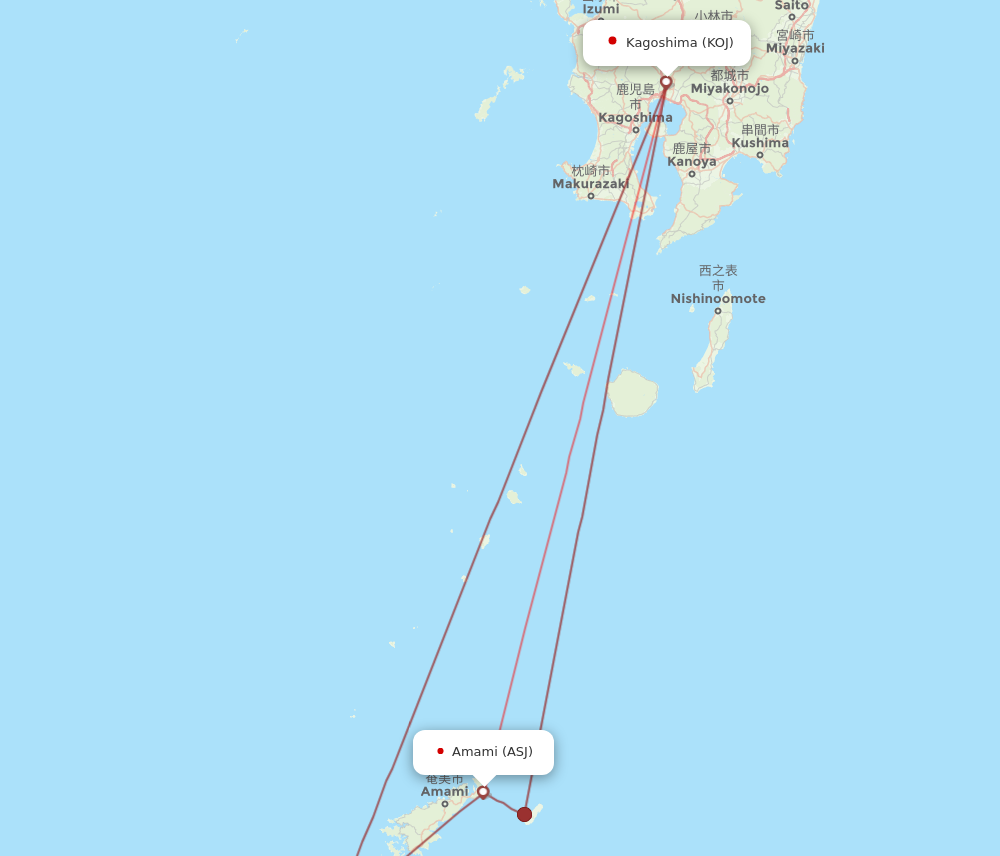 KOJ to ASJ flights and routes map