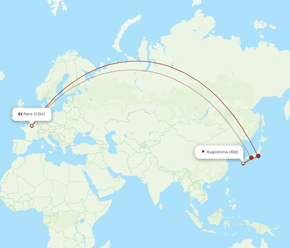 KOJ-CDG flight routes