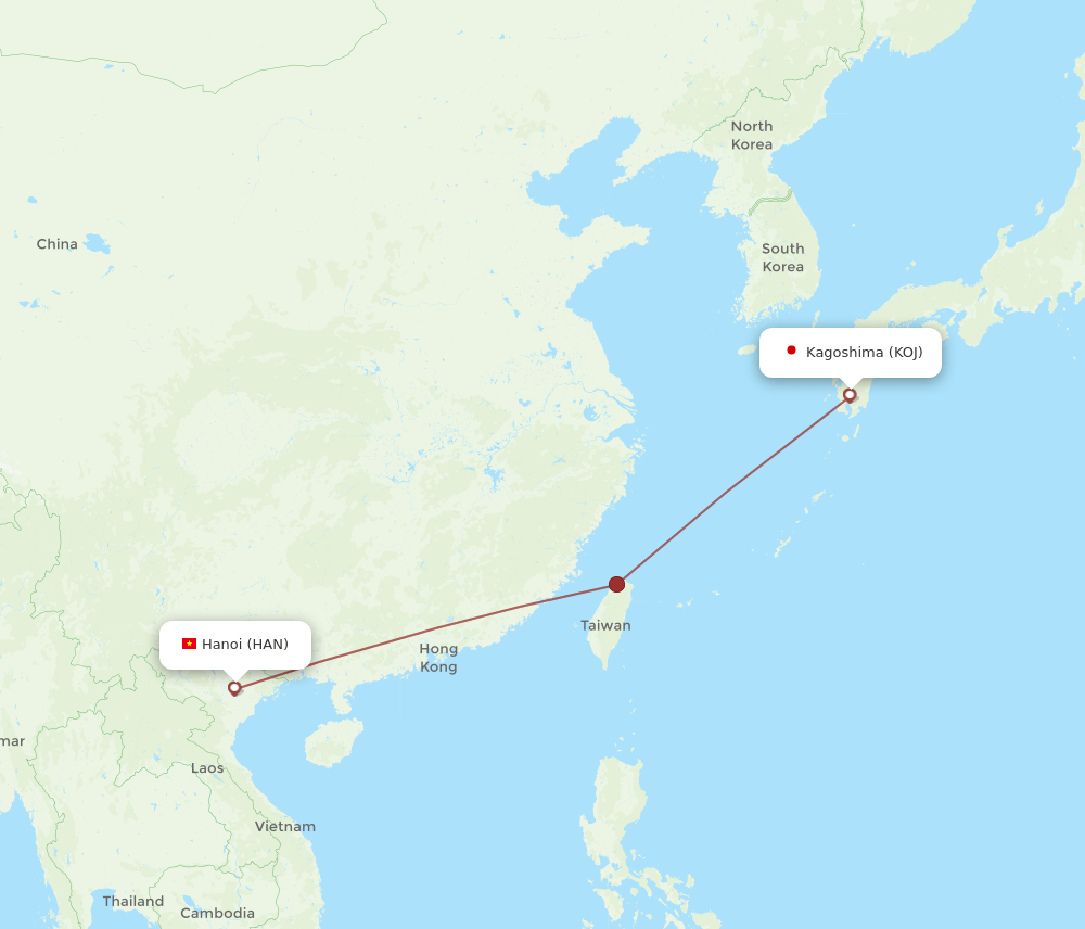 Hanoi - Kagoshima route map and flight paths
