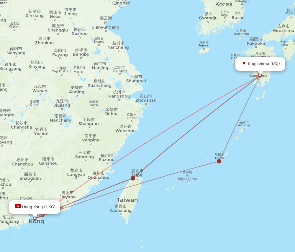 KOJ to HKG flights and routes map