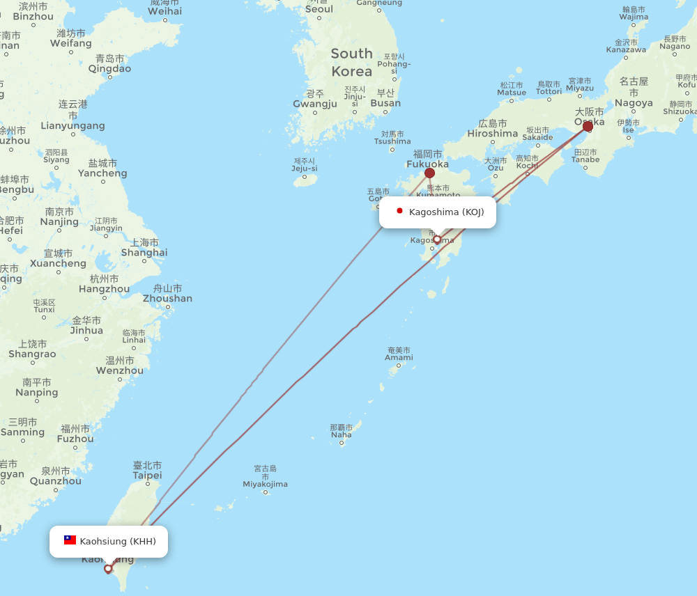 KOJ to KHH flights and routes map