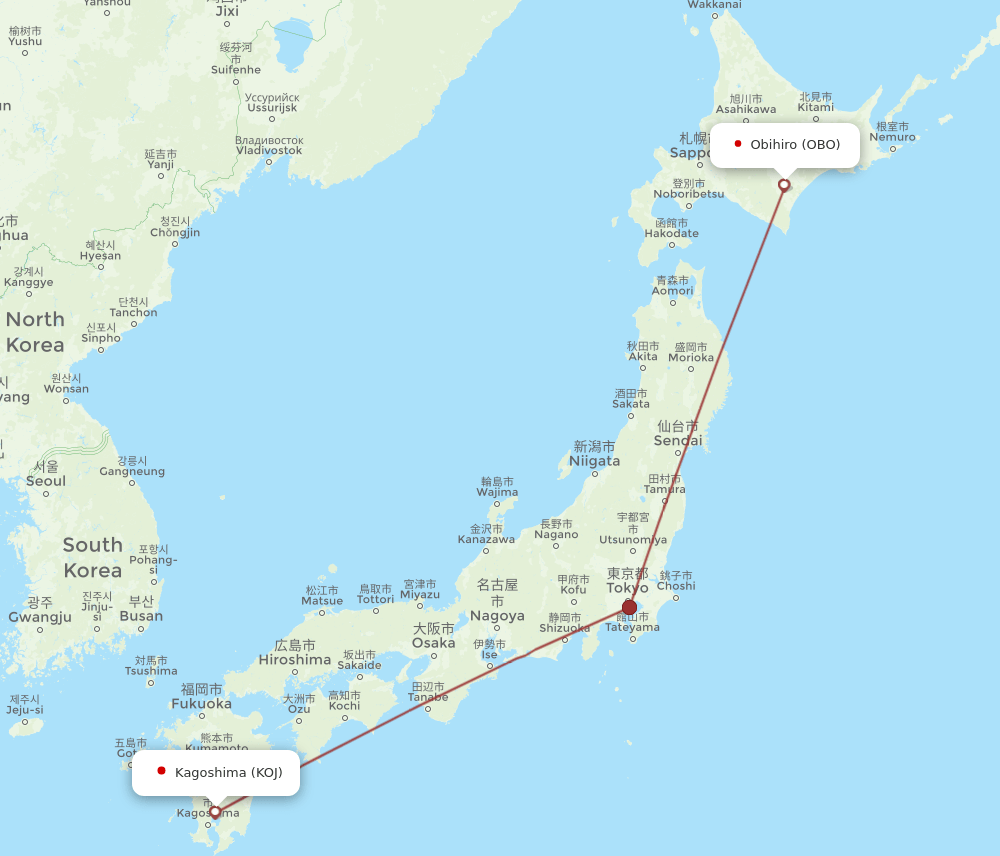 KOJ to OBO flights and routes map