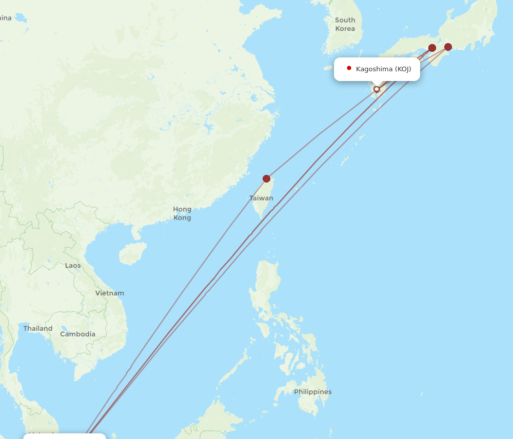 KOJ to SIN flights and routes map