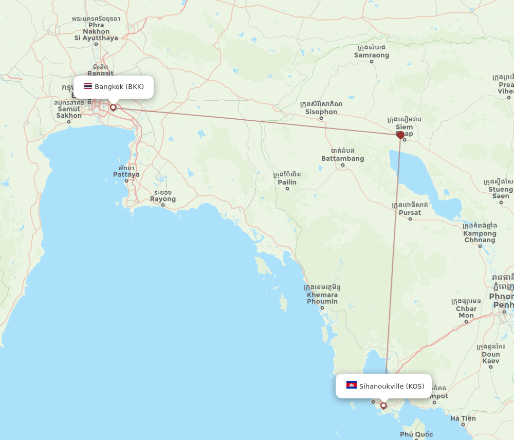 Sihanoukville - Bangkok route map and flight paths