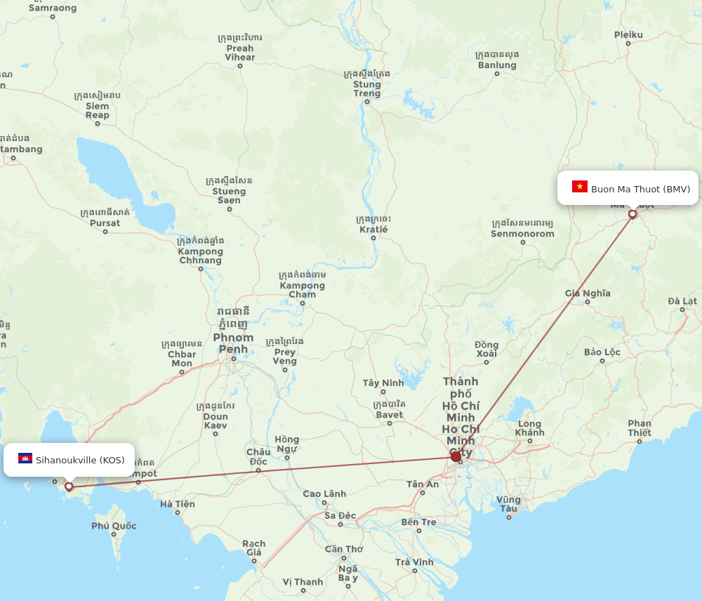 Sihanoukville - Buon Ma Thout route map and flight paths