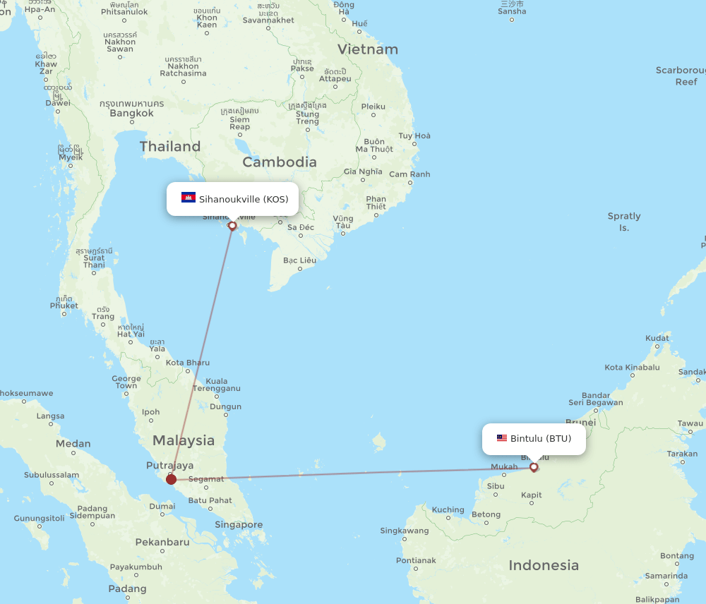 Bintulu - Sihanoukville route map and flight paths