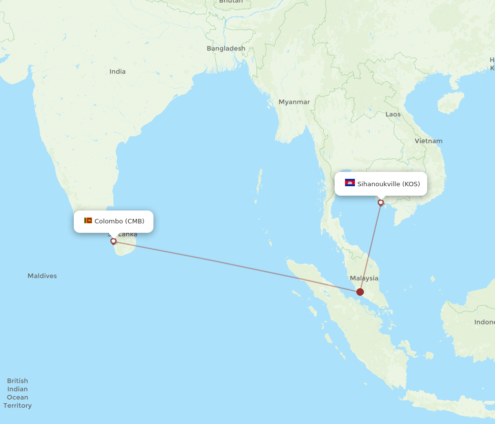 Colombo - Sihanoukville route map and flight paths