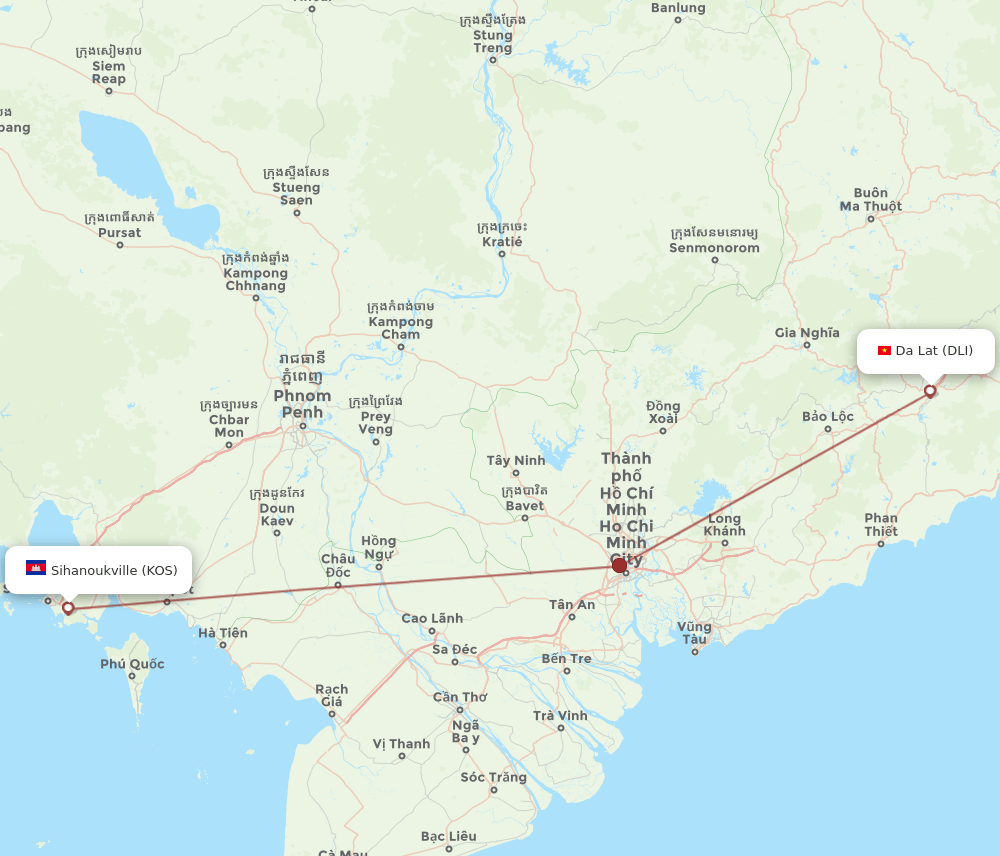 Sihanoukville - Dalat route map and flight paths