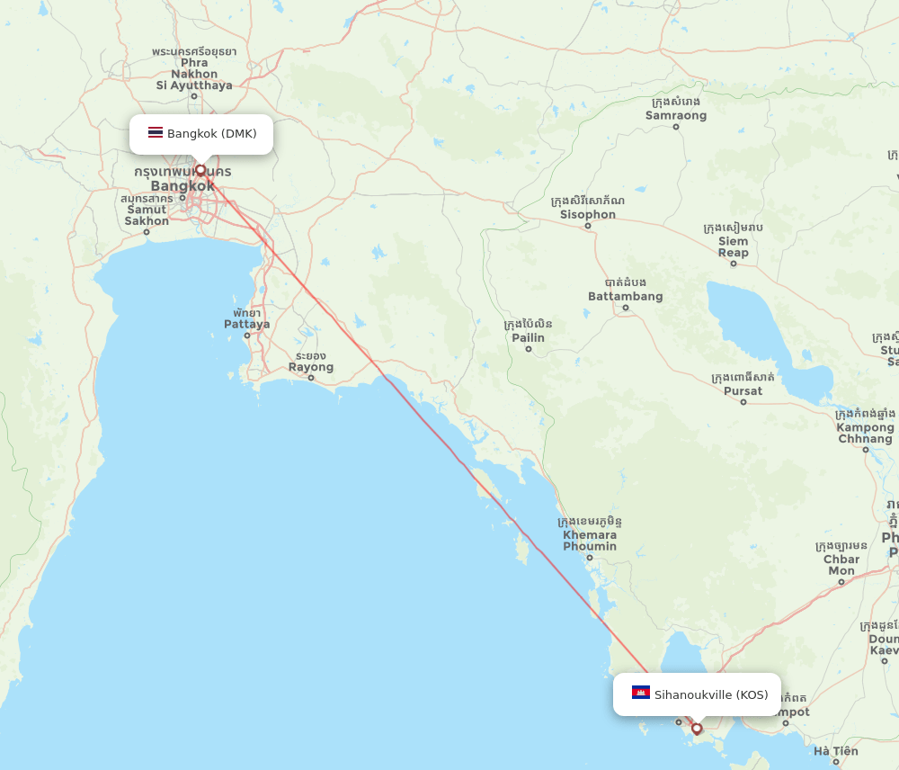 Sihanoukville - Bangkok route map and flight paths