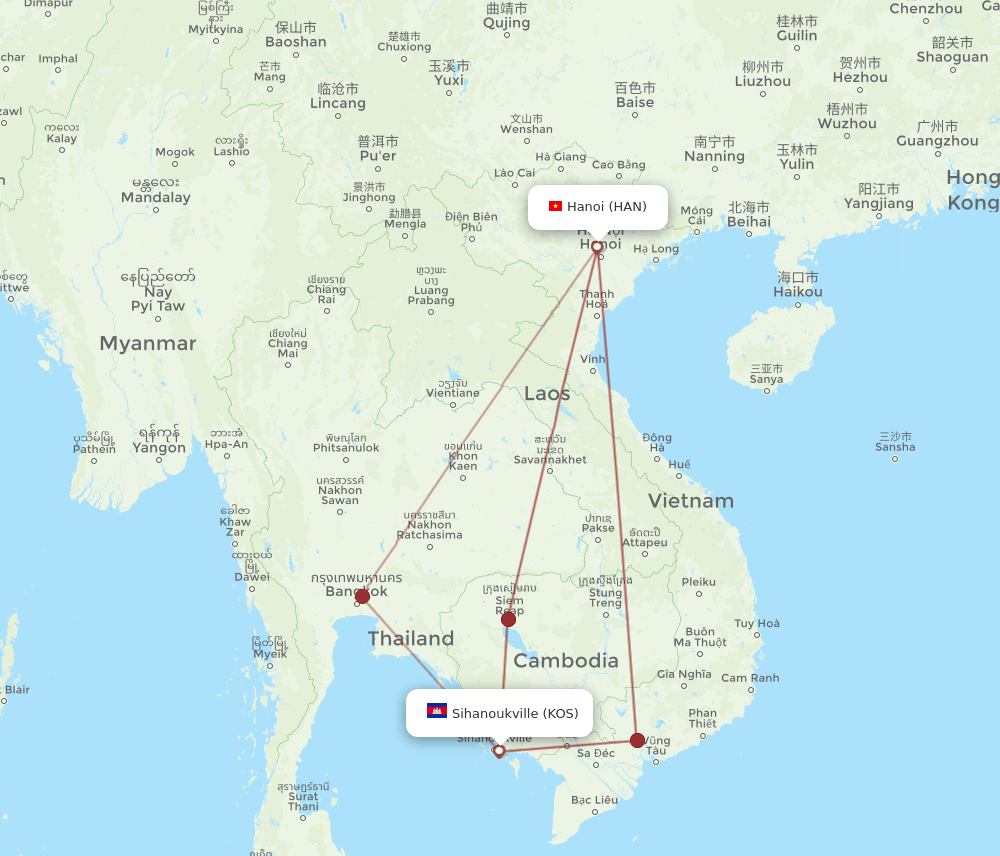 KOS to HAN flights and routes map