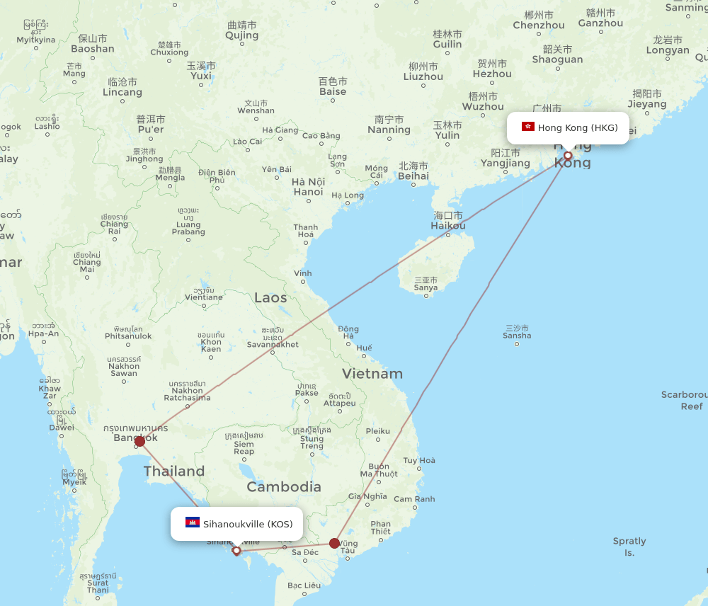 KOS-HKG flight routes