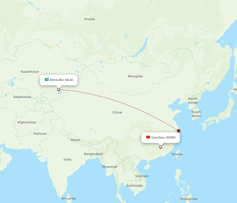 Almaty - Ganzhou route map and flight paths