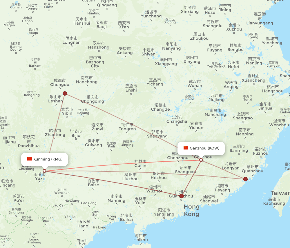 Ganzhou - Kunming route map and flight paths
