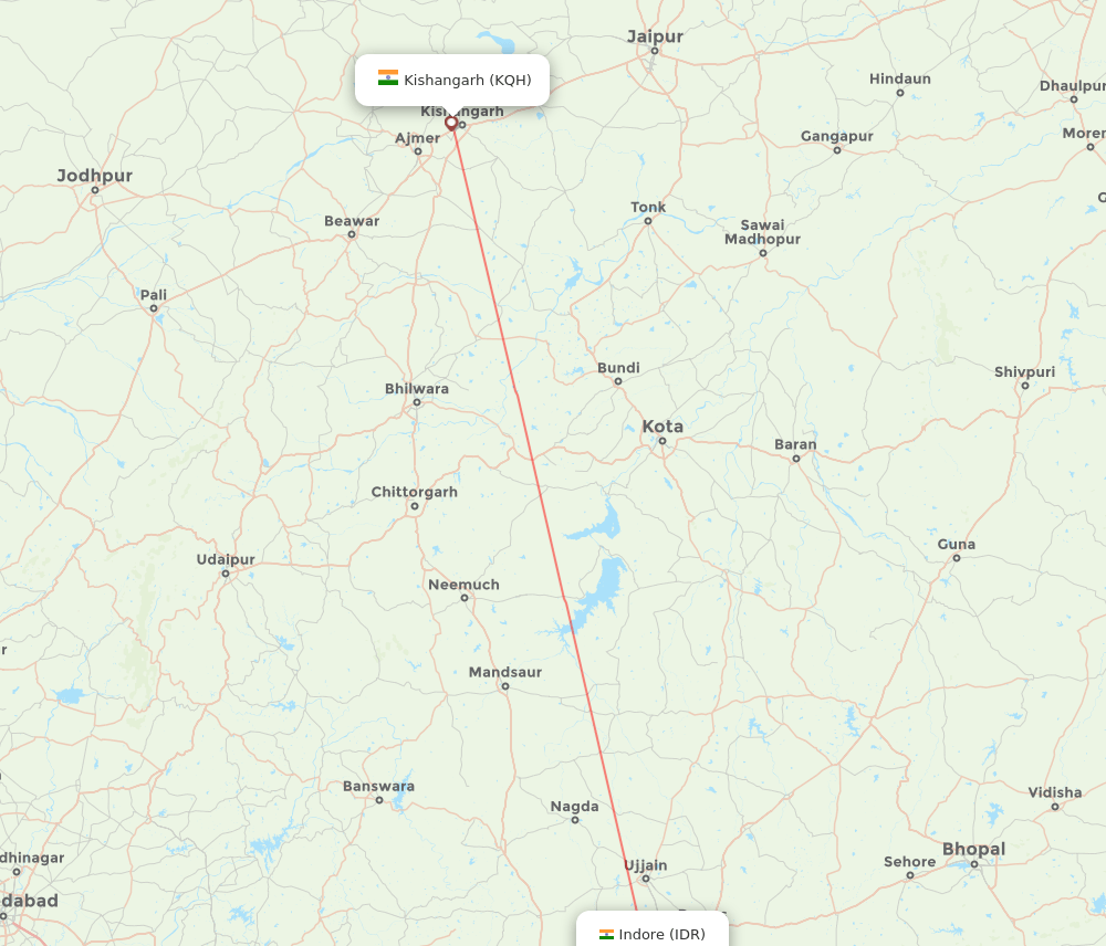 Kishangarh - Indore route map and flight paths