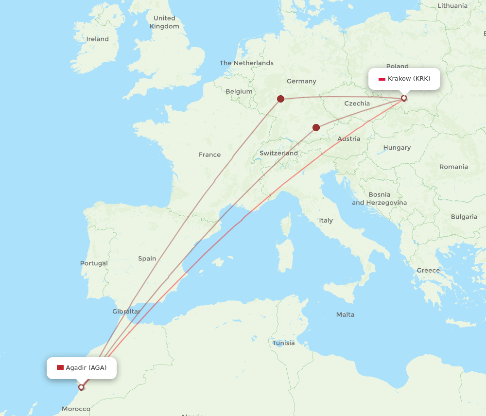 KRK-AGA flight routes