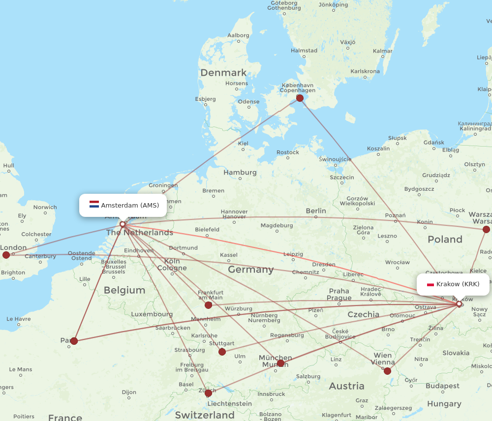 KRK to AMS flights and routes map