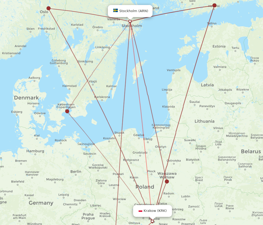 KRK to ARN flights and routes map