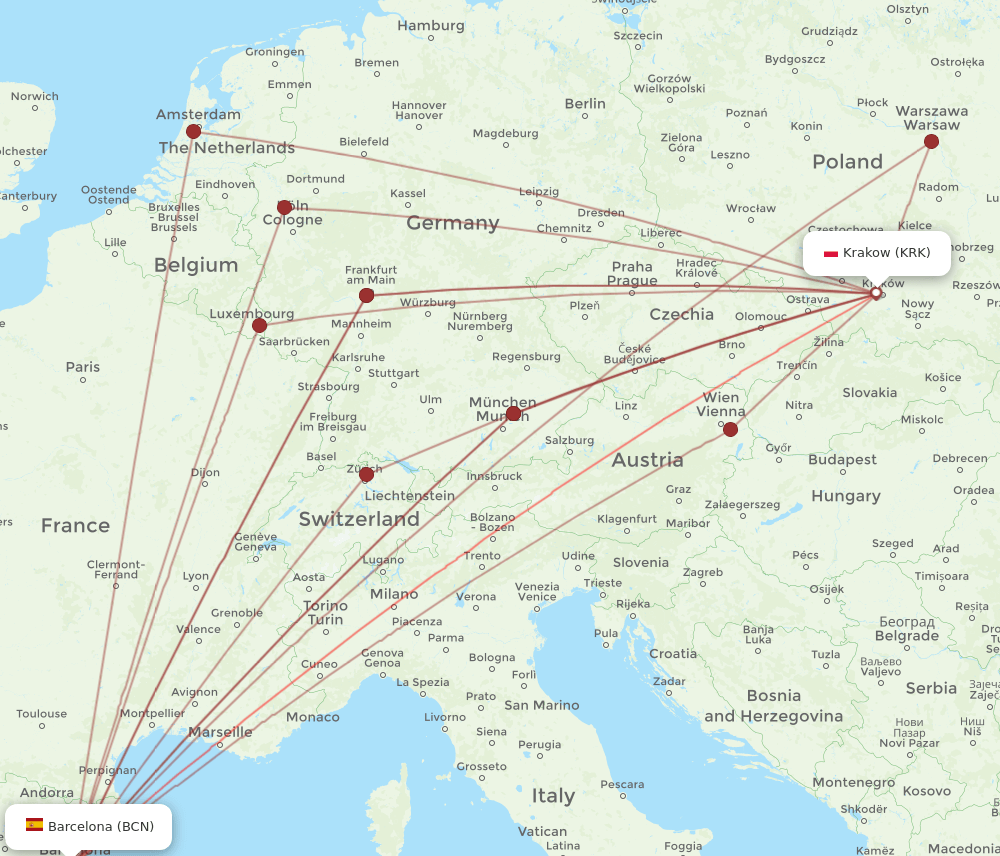 KRK-BCN flight routes