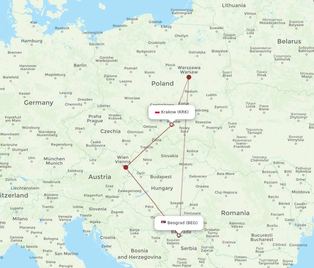 KRK-BEG flight routes