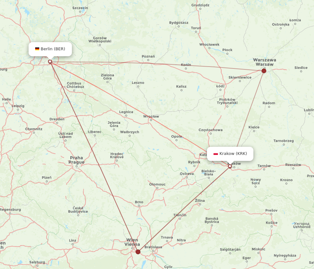 KRK to BER flights and routes map