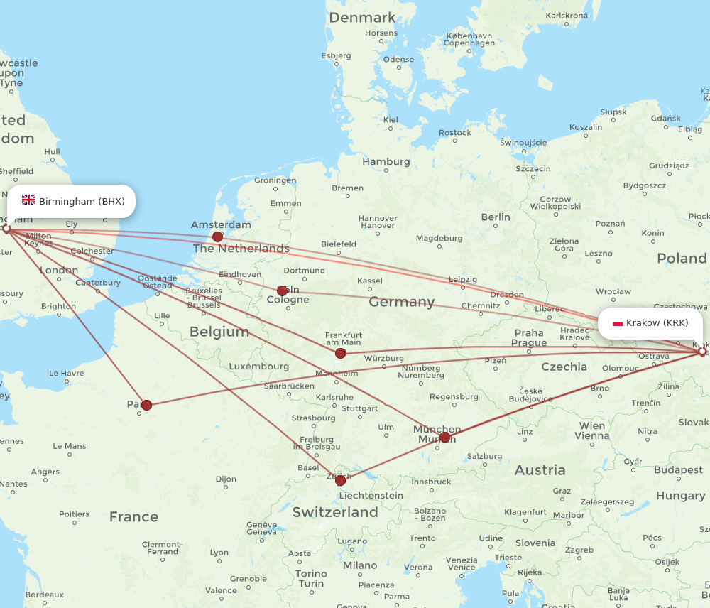 KRK to BHX flights and routes map