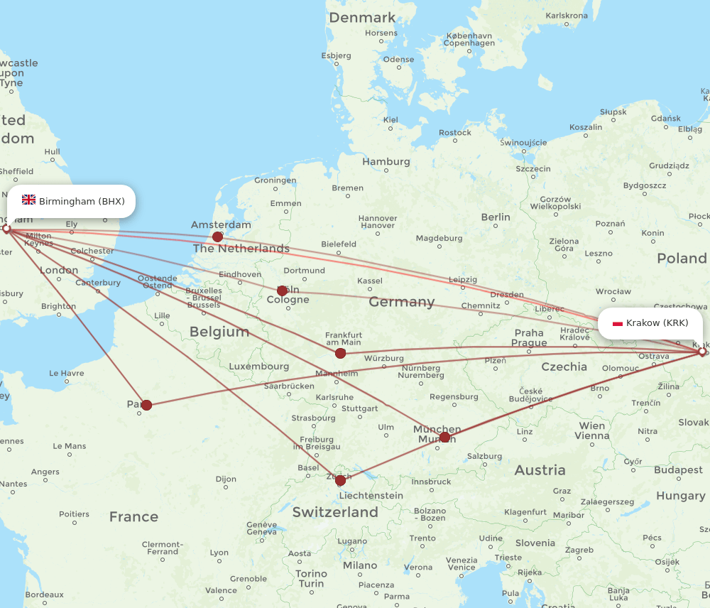 KRK-BHX flight routes