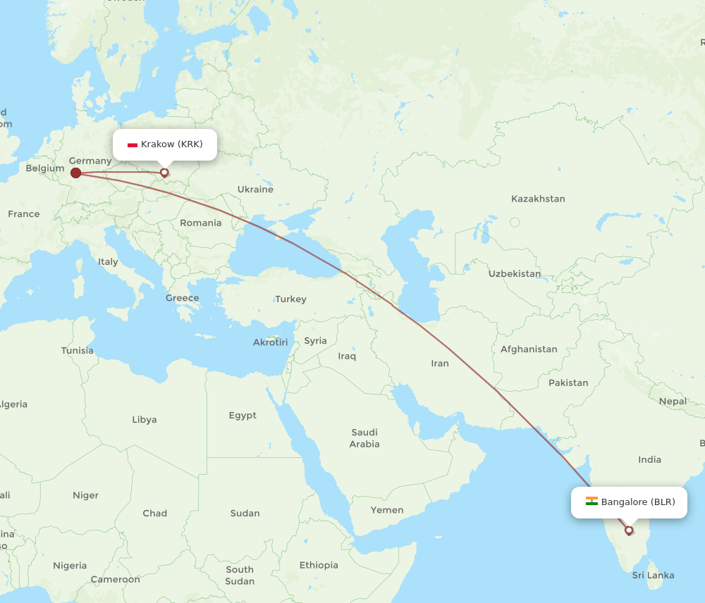 KRK-BLR flight routes