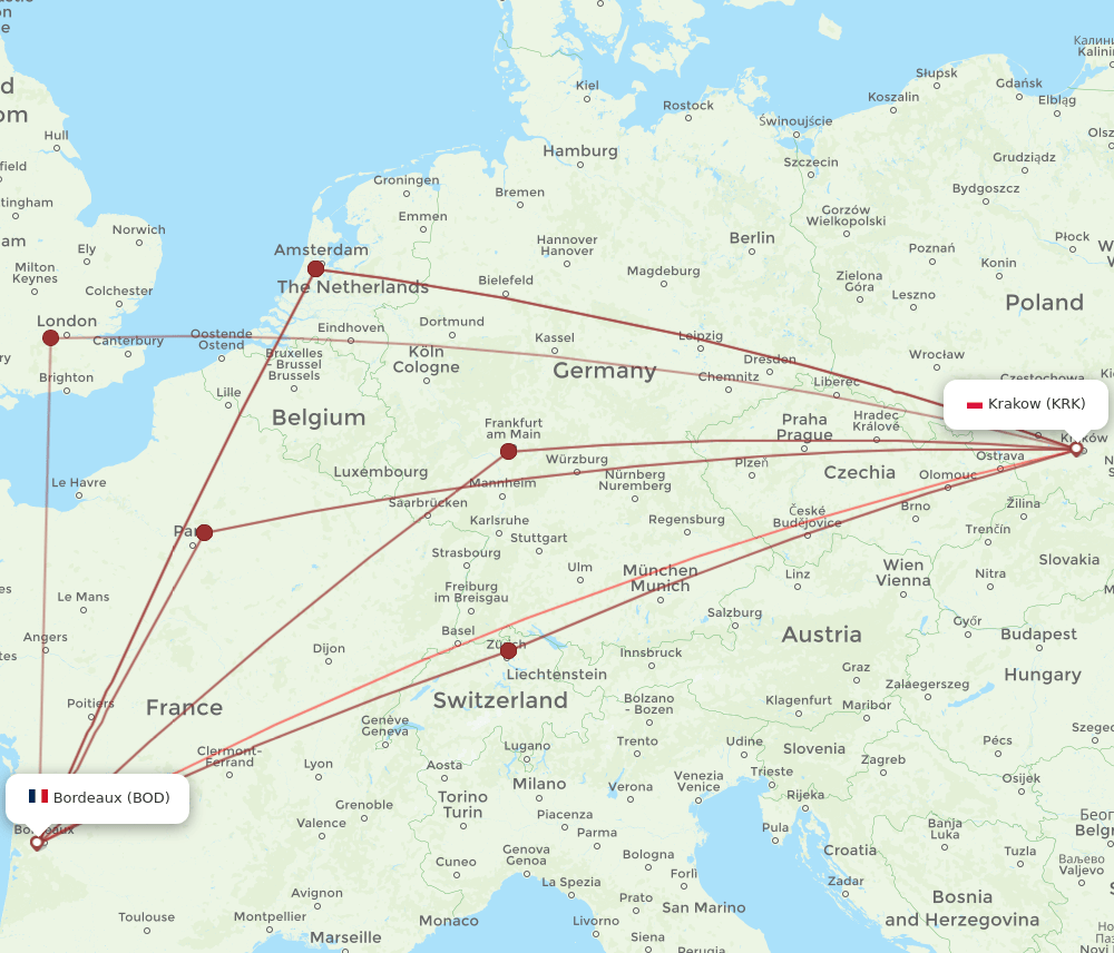 KRK-BOD flight routes