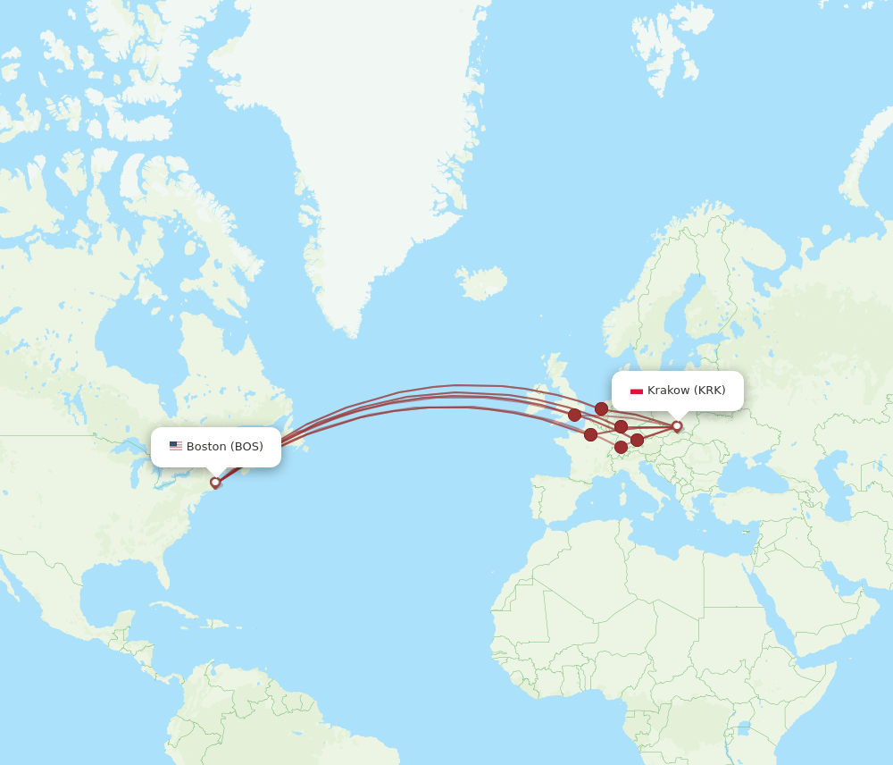 KRK-BOS flight routes