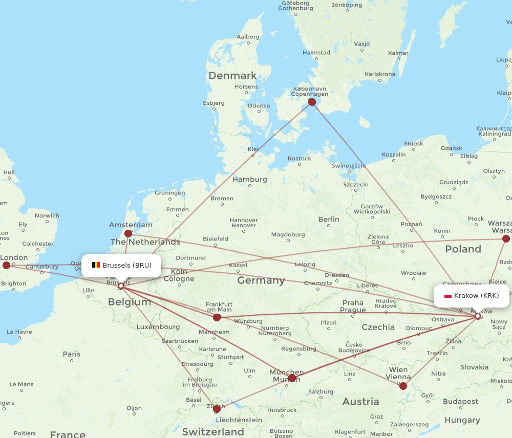 KRK to BRU flights and routes map