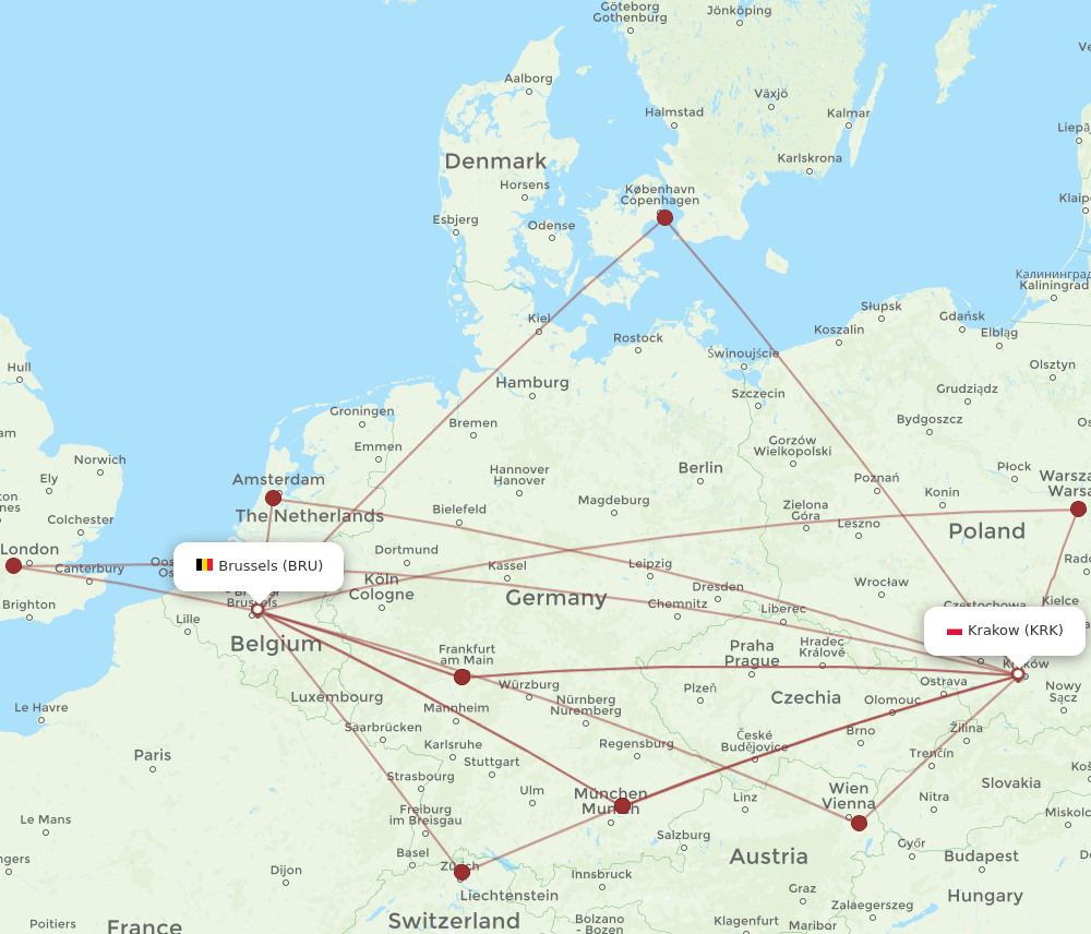 KRK-BRU flight routes