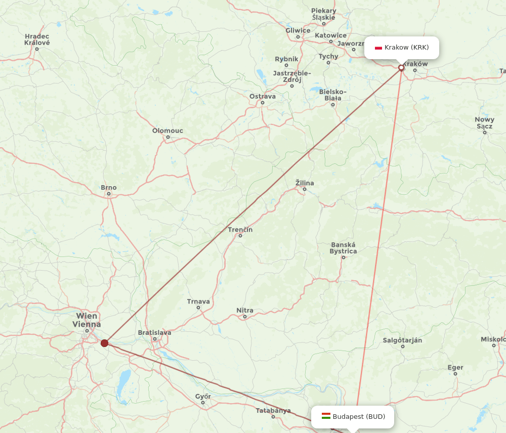 KRK to BUD flights and routes map