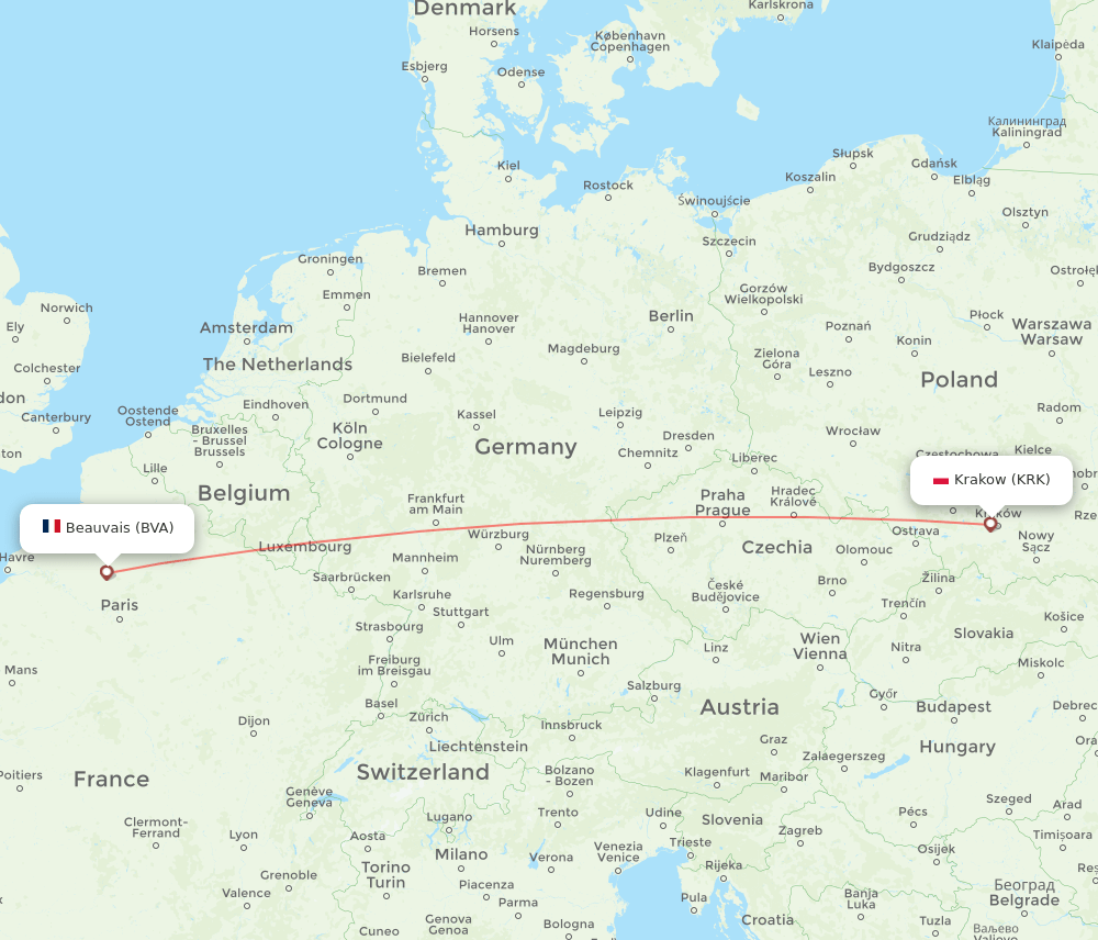 Krakow - Paris route map and flight paths