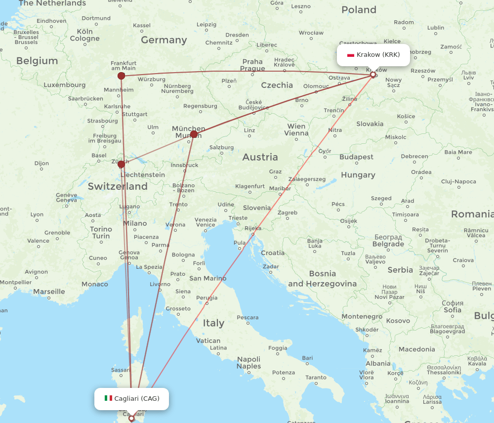 KRK-CAG flight routes