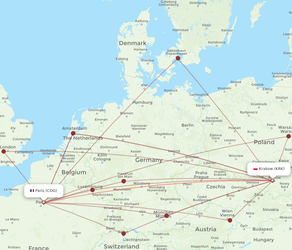 KRK to CDG flights and routes map
