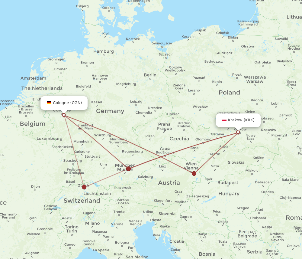 KRK to CGN flights and routes map