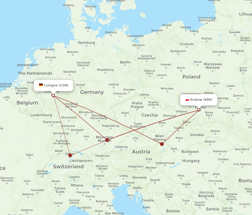 KRK-CGN flight routes