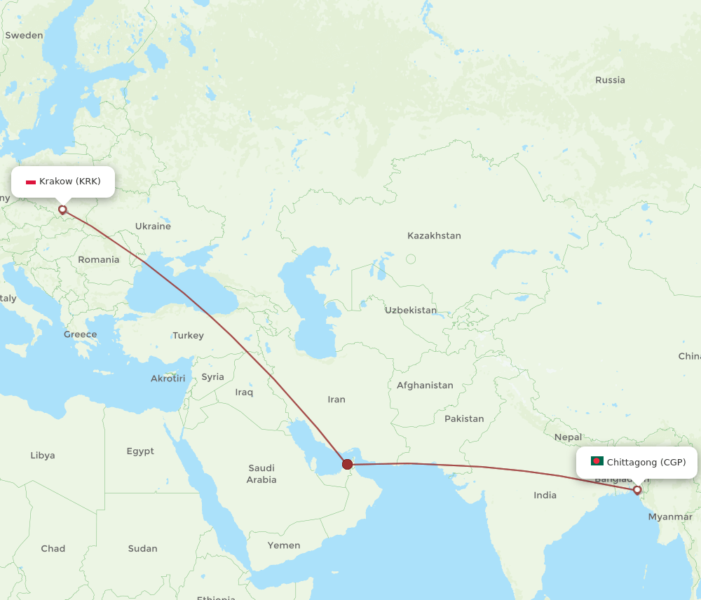 Chittagong - Krakow route map and flight paths