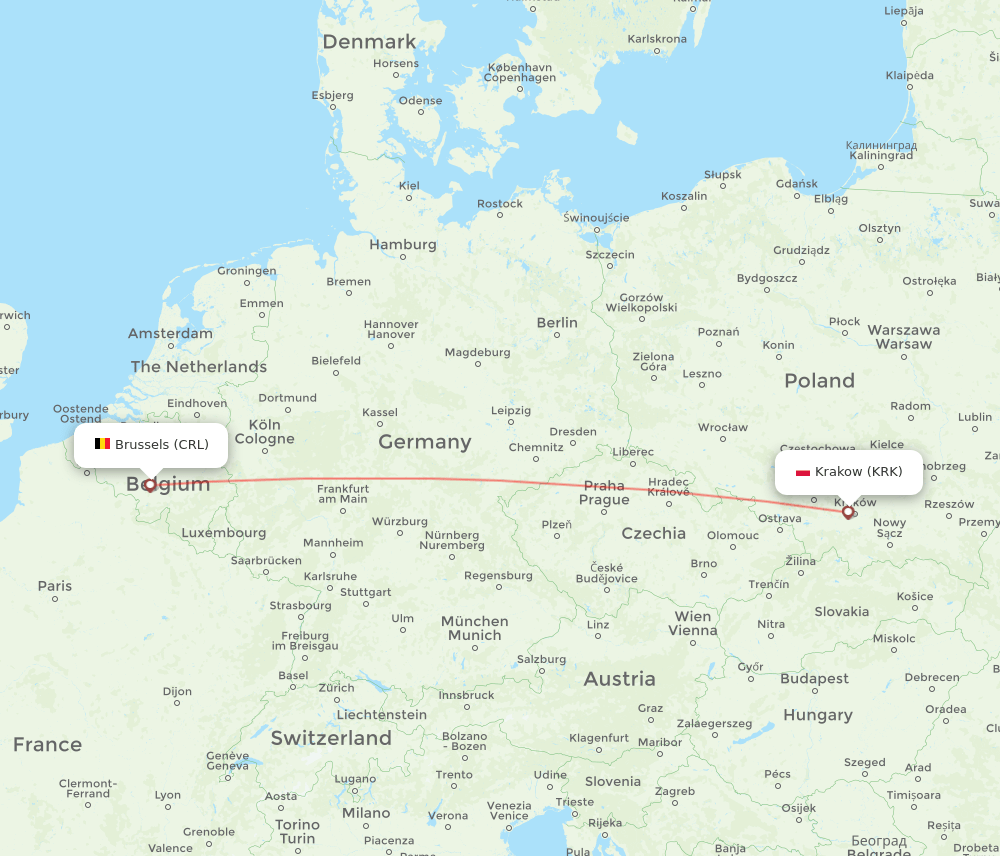 Krakow - Brussels route map and flight paths