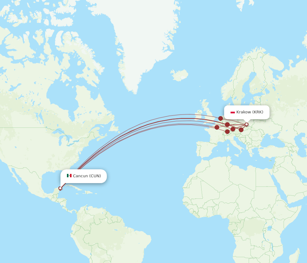 KRK-CUN flight routes