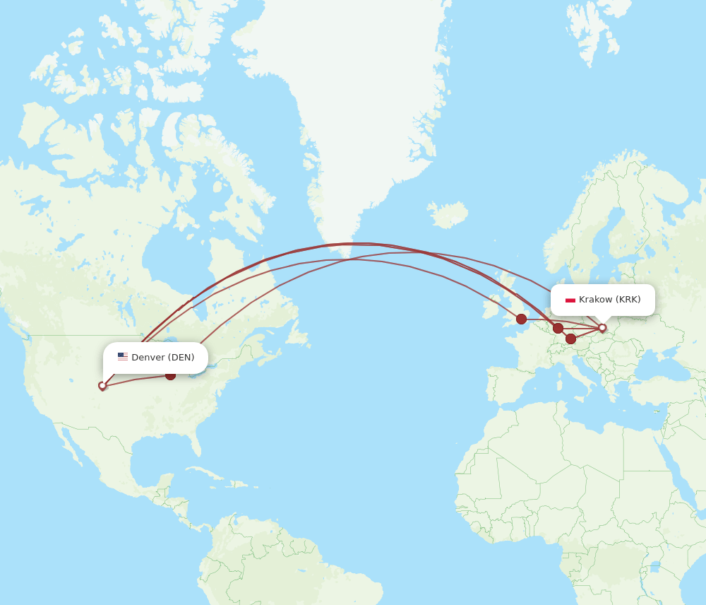 KRK-DEN flight routes