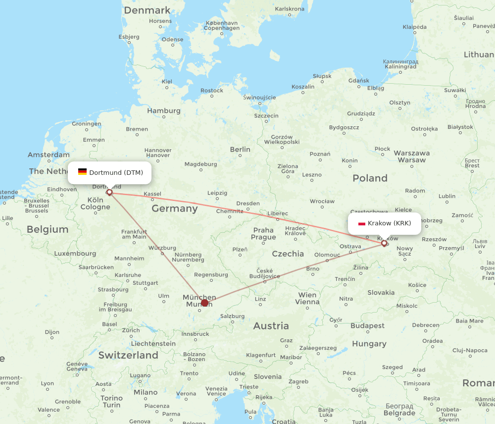 Krakow - Dortmund route map and flight paths