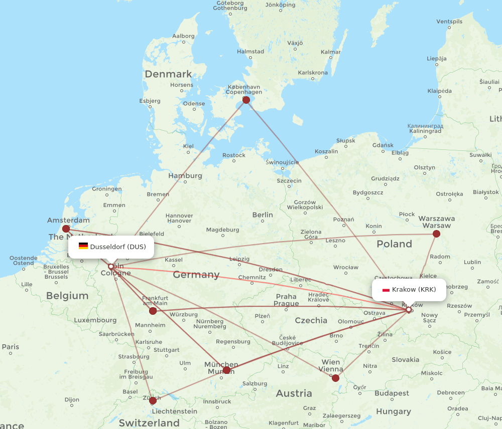 KRK-DUS flight routes