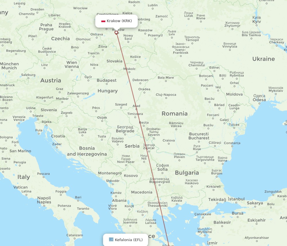 Kefallinia - Krakow route map and flight paths