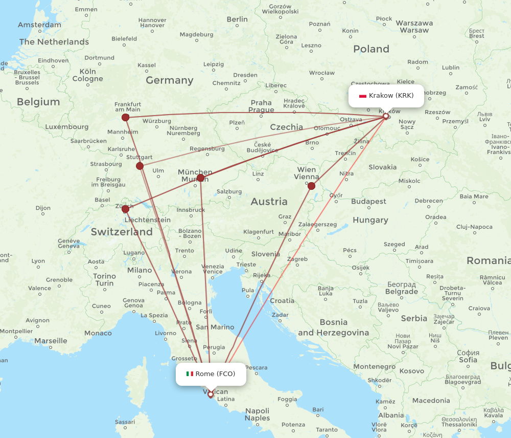 KRK to FCO flights and routes map