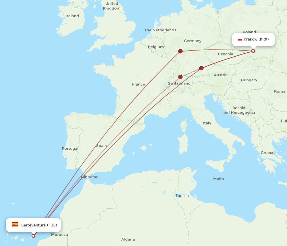 KRK to FUE flights and routes map