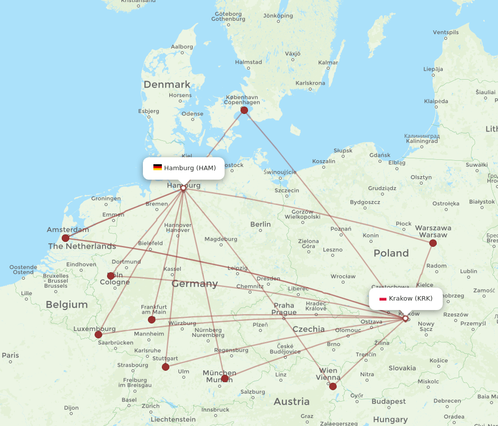 KRK to HAM flights and routes map