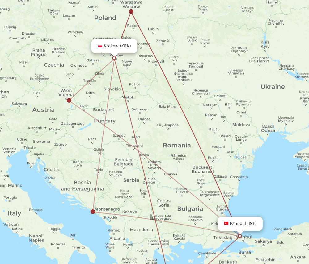 KRK to IST flights and routes map