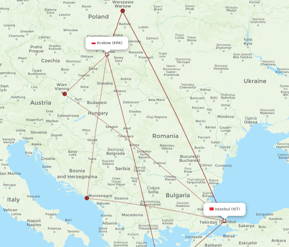 KRK to IST flights and routes map