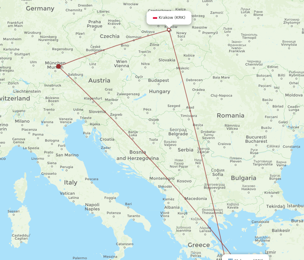 KRK-JMK flight routes